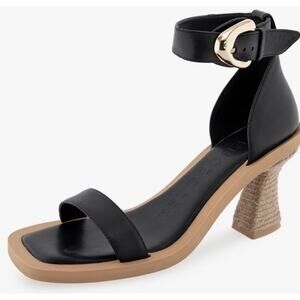 AEROSOLES Women's Leather 9 Black Calico Square Toe Ankle Strap Heeled Sandal